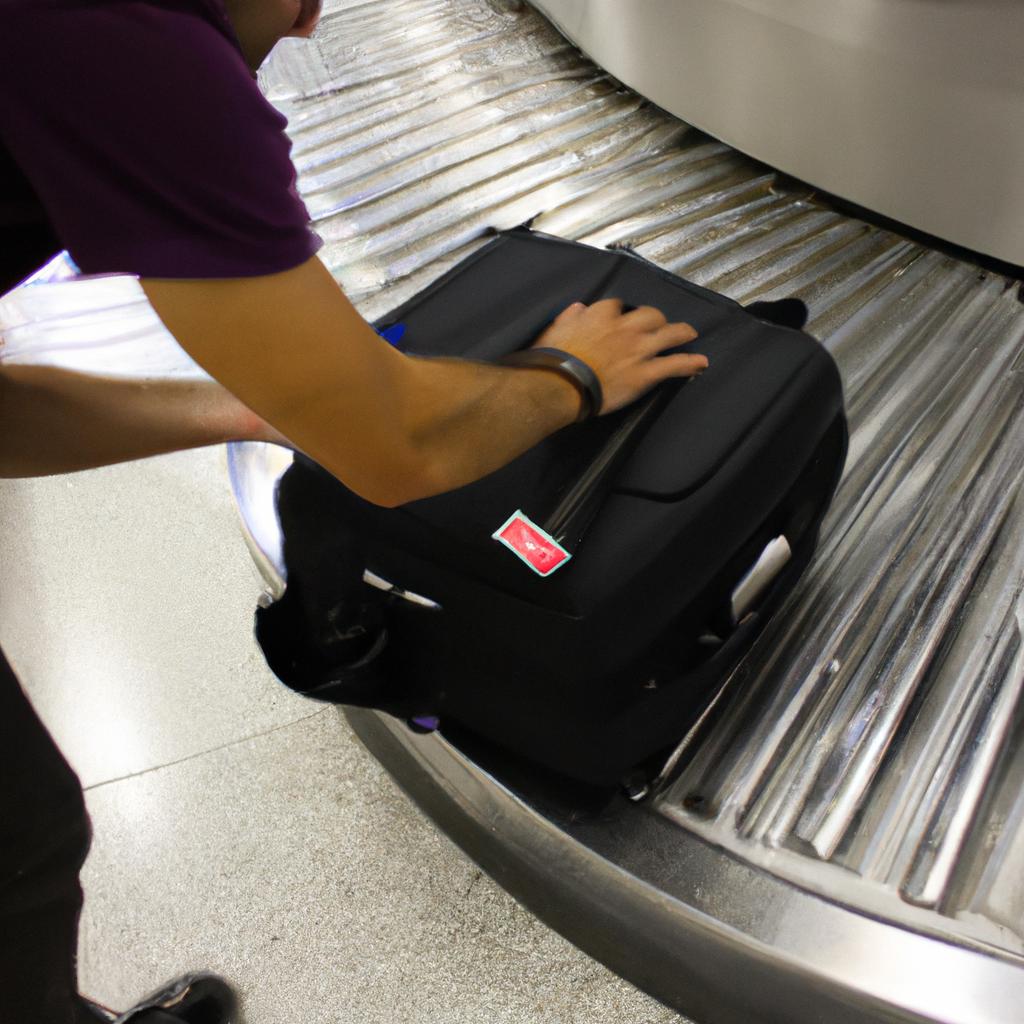 Person inspecting luggage at airport