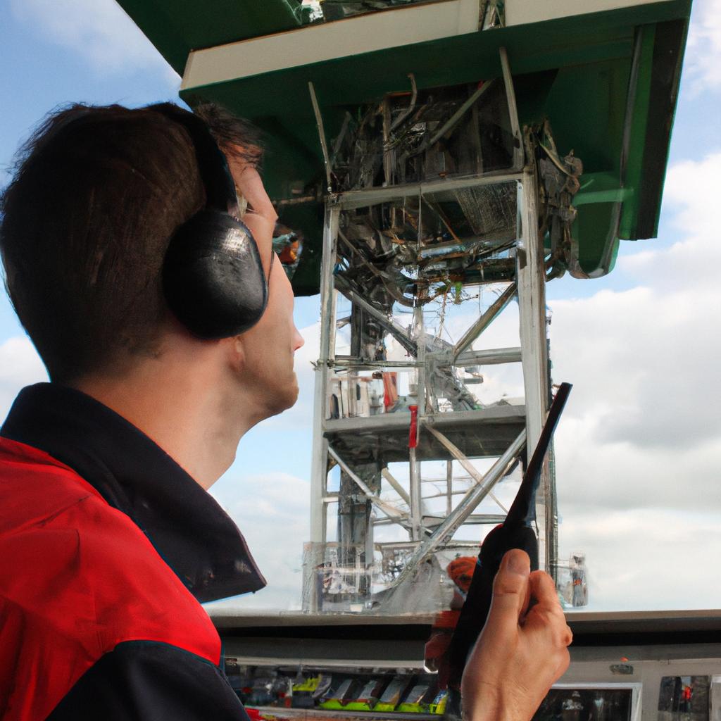 Person using radio in control tower