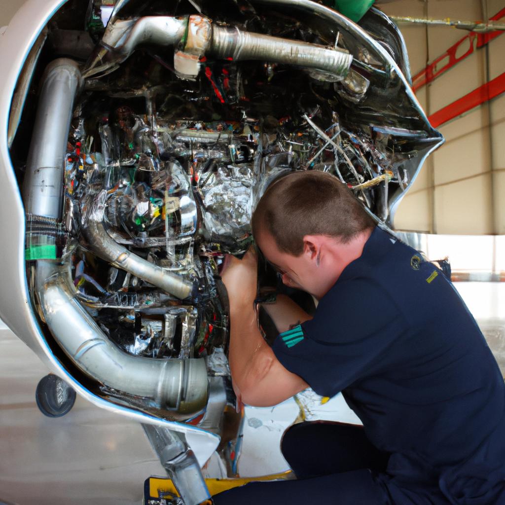 Person performing aircraft engine maintenance