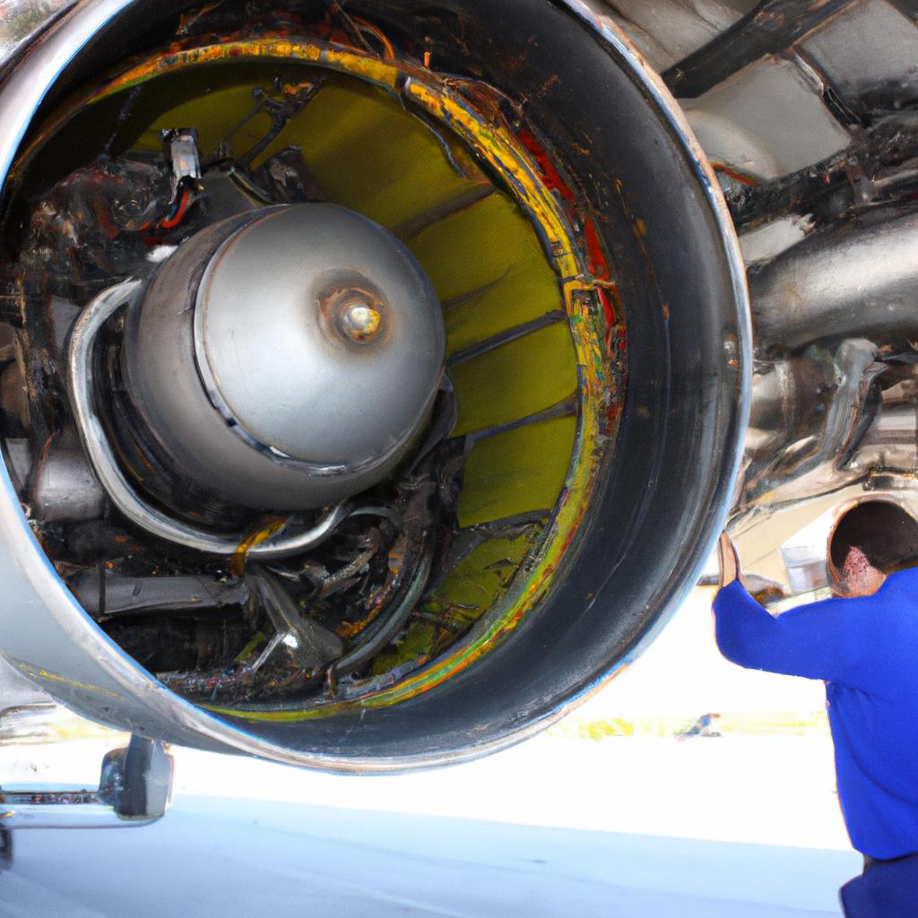 Person inspecting an airplane engine