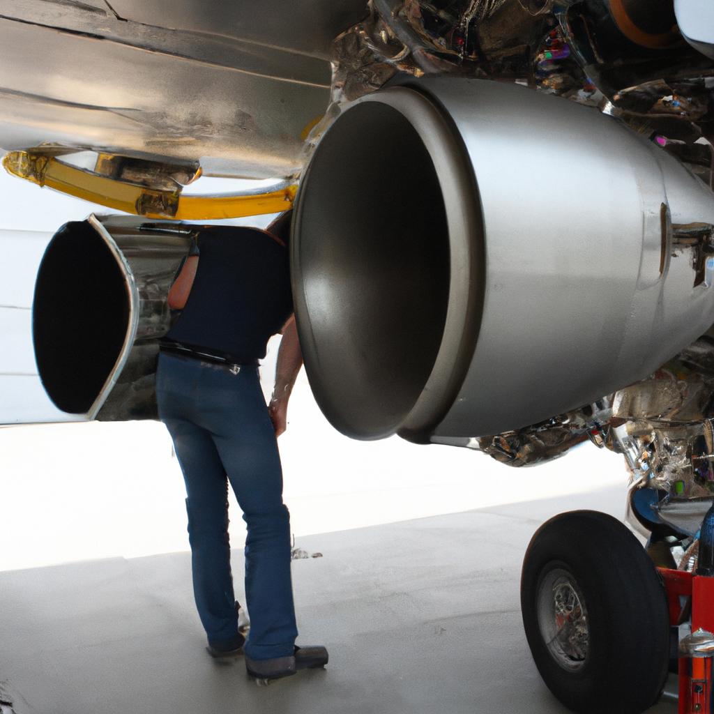 Person inspecting an airplane engine