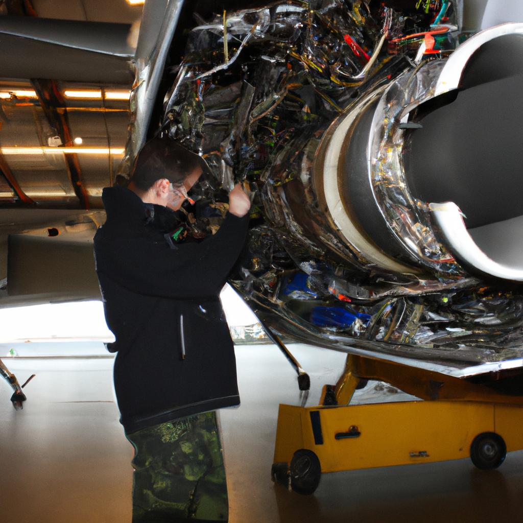 Person inspecting airplane engine parts